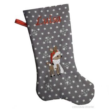 Nikolausstiefel Rentier Stofffarbe grau Name feuerrot